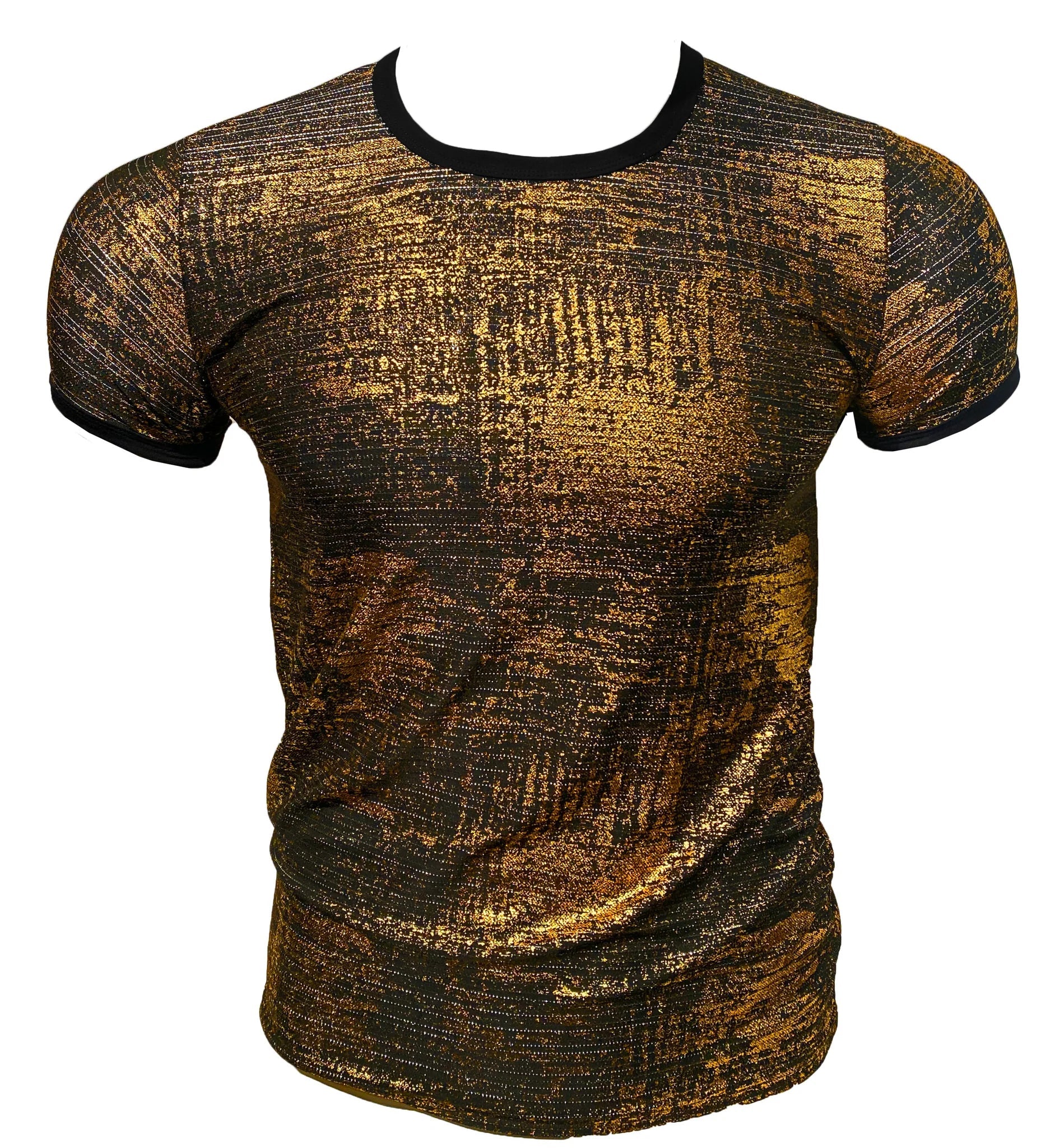Gold leaf tee shimmering gold and black textured short sleeve t-shirt with black ribbed neckline and sleeve cuffs