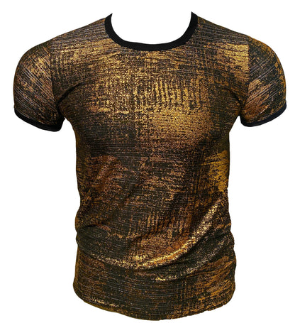 Gold leaf tee shimmering gold and black textured short sleeve t-shirt with black ribbed neckline and sleeve cuffs