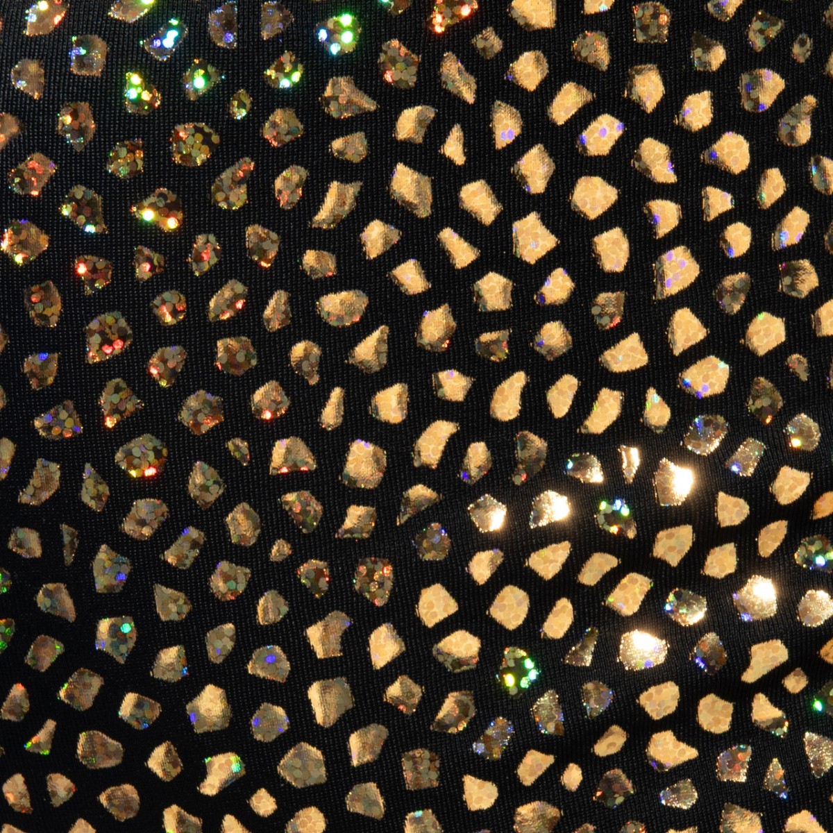 Black gold stones trunk fabric adorned with scattered gold and iridescent rhinestones in a mosaic pattern