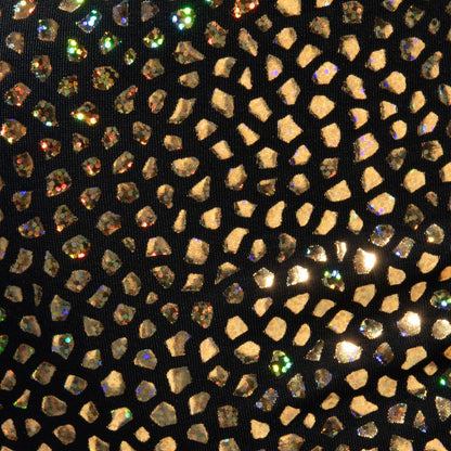 Black gold stones trunk fabric adorned with scattered gold and iridescent rhinestones in a mosaic pattern