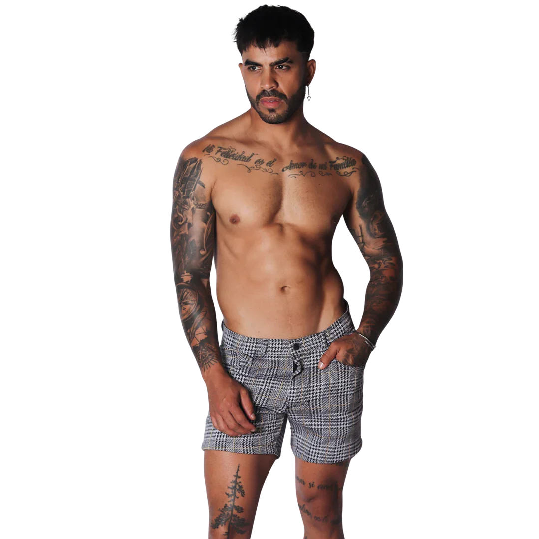 Men’s Gigo Sunday Gold short in a black and white glen plaid pattern with a tailored, slim-fit silhouette.