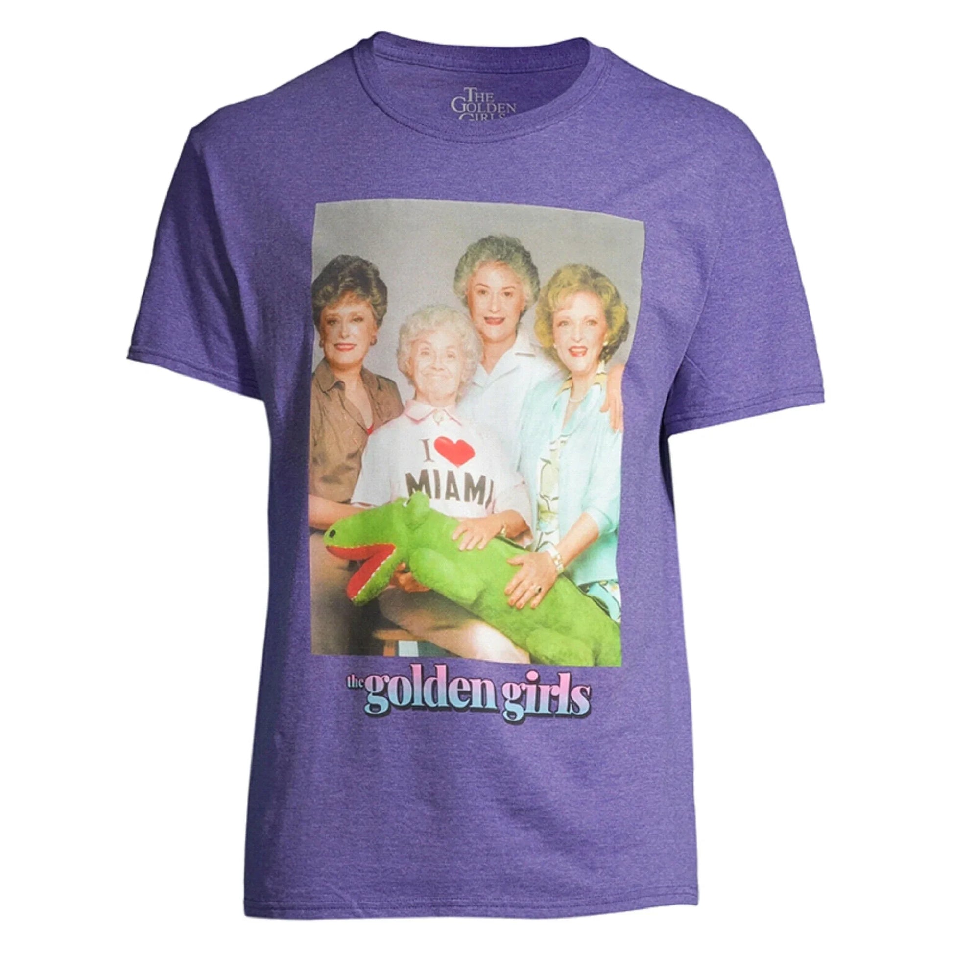 Purple heathered cotton t-shirt featuring golden girls cast holding a green stuffed alligator titled golden girls i love miami tee
