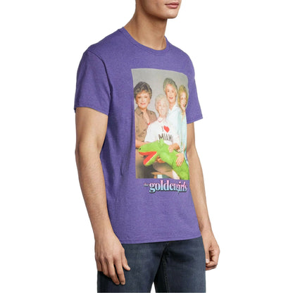Purple heathered cotton golden girls i love miami tee featuring printed cast graphic and green alligator design