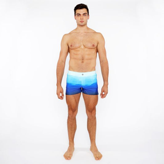 Men’s gradient printed swim shorts with blue ocean gradient and stretchy fabric for comfort and flexibility