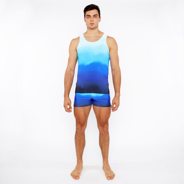 Blue gradient printed swim short with smooth fabric featuring a blue gradient tank top design