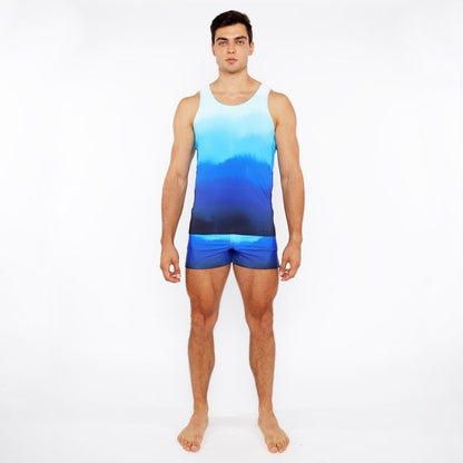 Blue gradient printed swim short with smooth fabric featuring a blue gradient tank top design