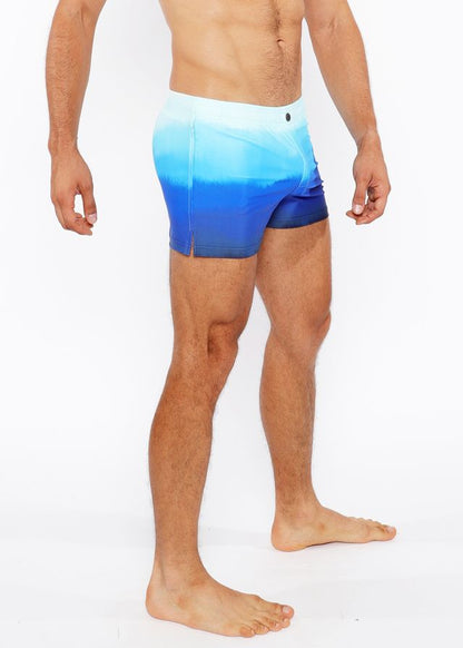 Blue gradient printed swim shorts with a smooth seamless design ideal for comfortable beach and pool wear
