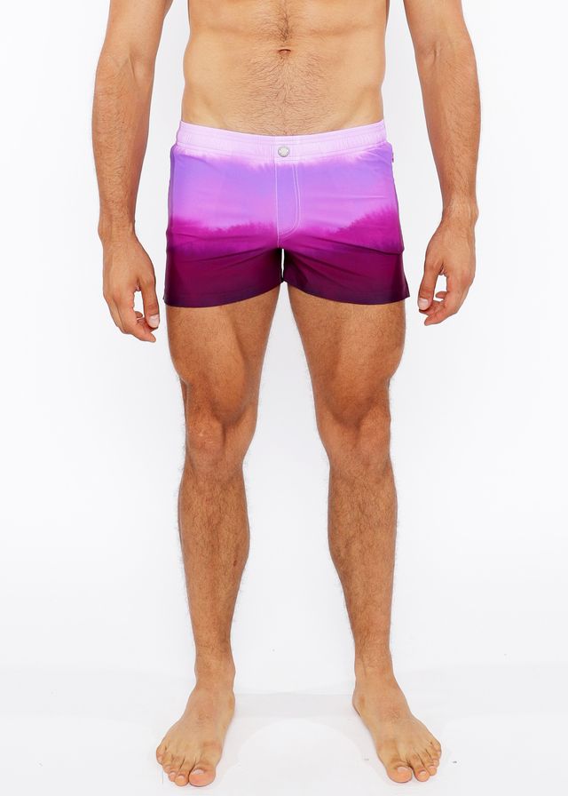 Gradient printed swim short featuring a purple gradient swim trunk with fading transition from lavender to deep violet