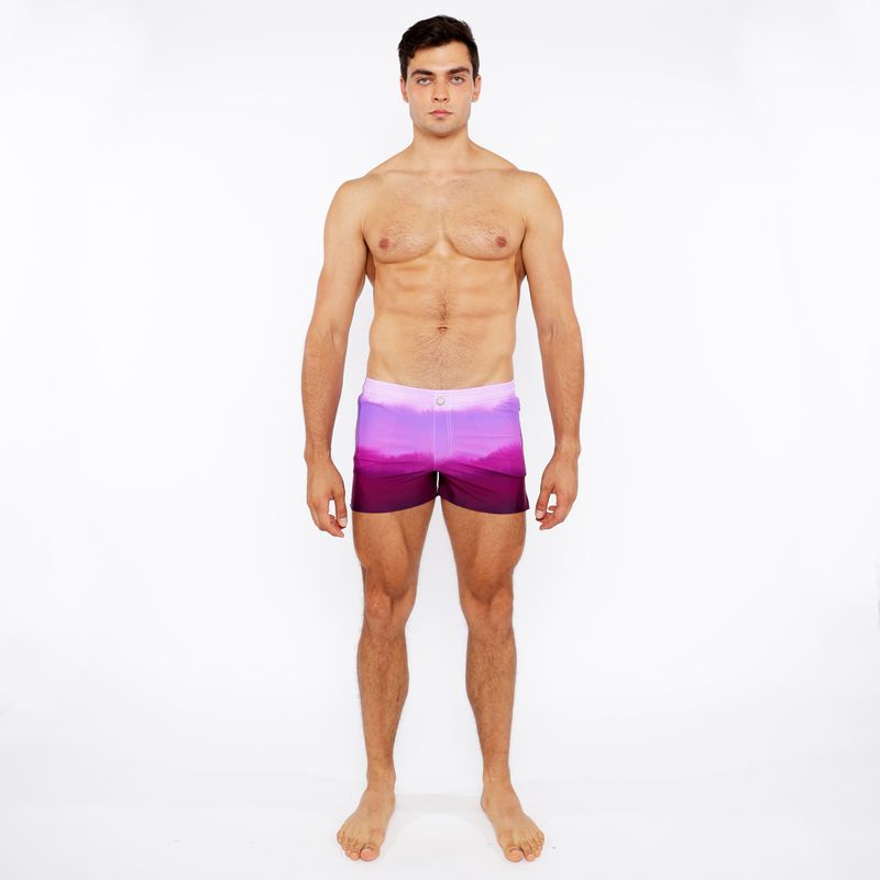 Purple gradient printed swim shorts with white waistband designed for casual beach and pool wear