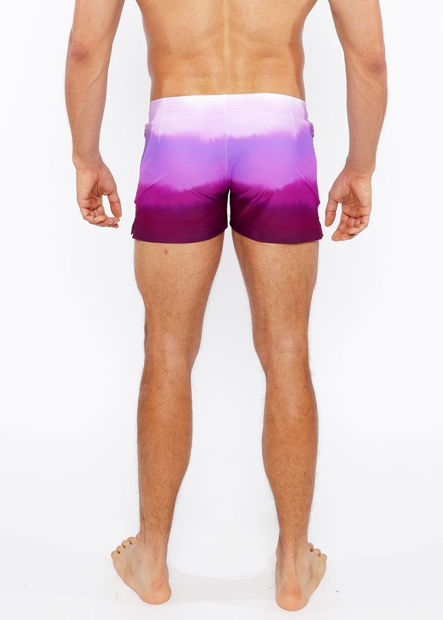 Gradient printed swim short featuring purple gradient swim trunks with a soft transition from lavender to deep violet