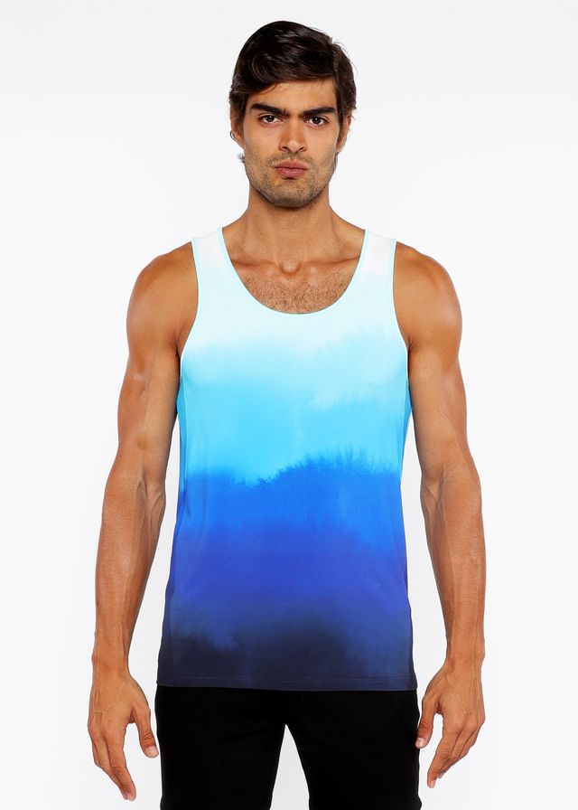 A men’s gradient stretch mesh tank top with a smooth transition from light to dark blue color