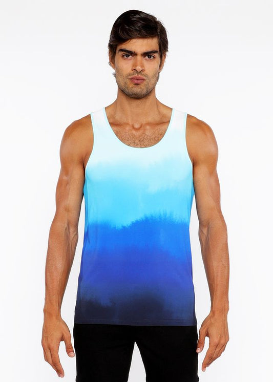 A men’s gradient stretch mesh tank top with a smooth transition from light to dark blue color
