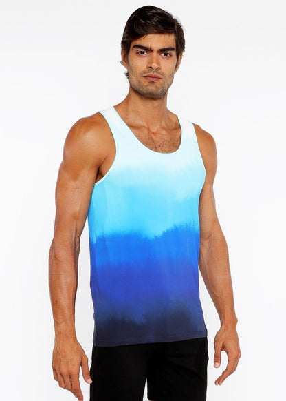 A men’s gradient stretch mesh tank top with a soft blue watercolor transition from light to dark blue