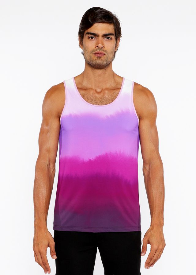 A man wearing a gradient stretch mesh tank top with smooth hues from lavender to deep magenta and purple