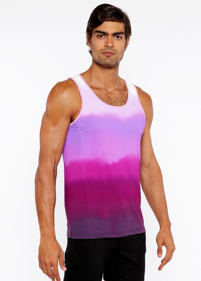 A gradient stretch mesh tank top with soft pink to deep magenta and purple hues in stretchy fabric with thin straps