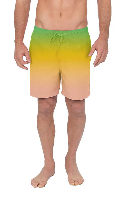 Men’s gradient swim short with vibrant green yellow peach transition elastic waistband and drawstring for swimwear