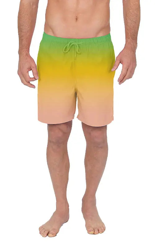 Men’s gradient swim short with vibrant green yellow peach transition elastic waistband and drawstring for swimwear