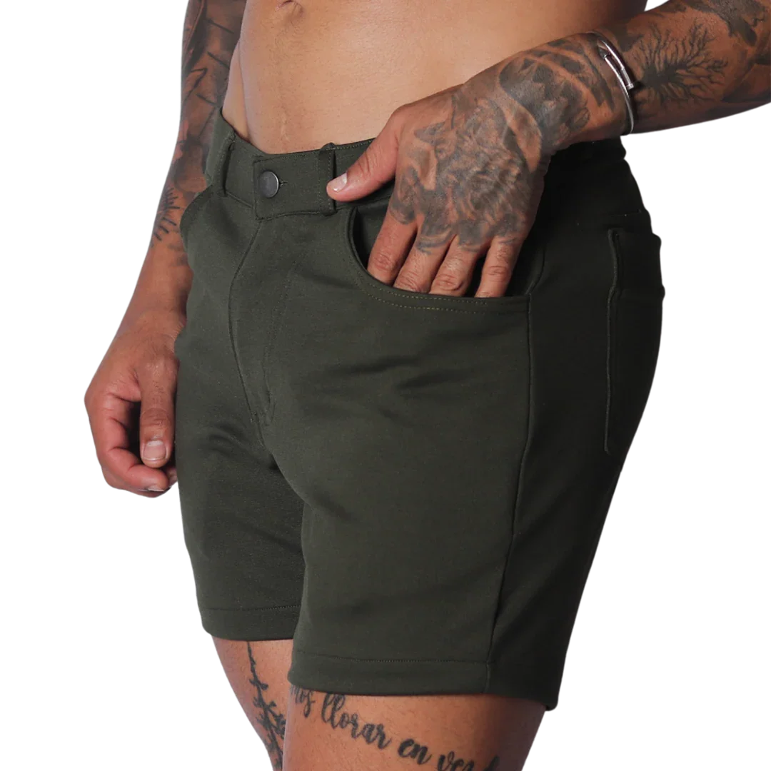 Forest green, slim-fit shorts in a matte stretch fabric with a button closure and classic five-pocket construction.