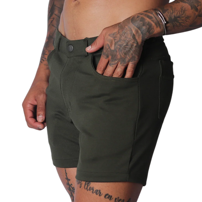 Forest green, slim-fit shorts in a matte stretch fabric with a button closure and classic five-pocket construction.