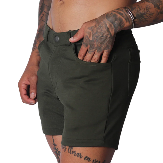 Forest green, slim-fit shorts in a matte stretch fabric with a button closure and classic five-pocket construction.