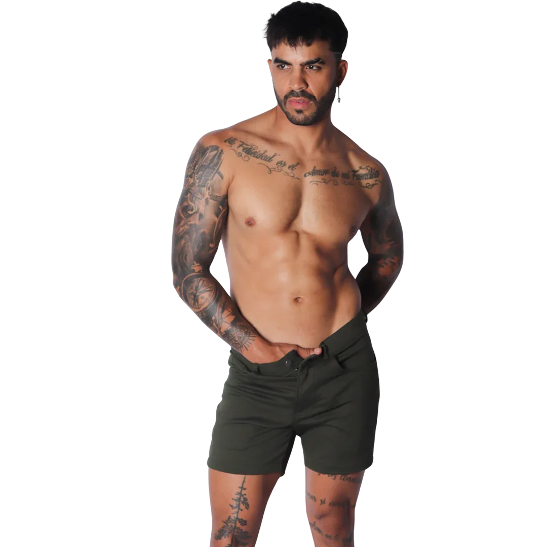 Slim-fit forest green cotton shorts featuring a mid-thigh length, button fly, and classic five-pocket design.