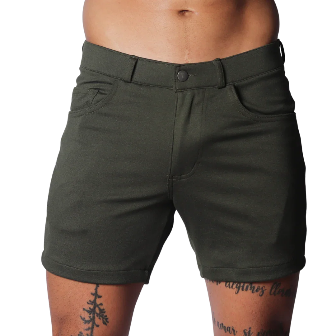 Dark olive green fitted shorts with belt loops, front pockets, and a button fly closure.