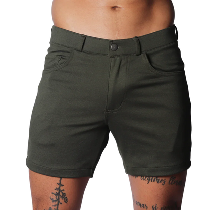 Dark olive green fitted shorts with belt loops, front pockets, and a button fly closure.