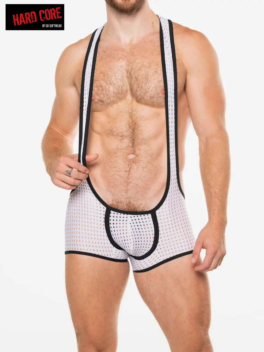 White men's peep scoop singlet with black trim and dotted pattern worn by a model by Hard Core