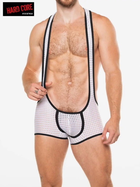 White men's peep scoop singlet with black trim and dotted pattern worn by a model by Hard Core