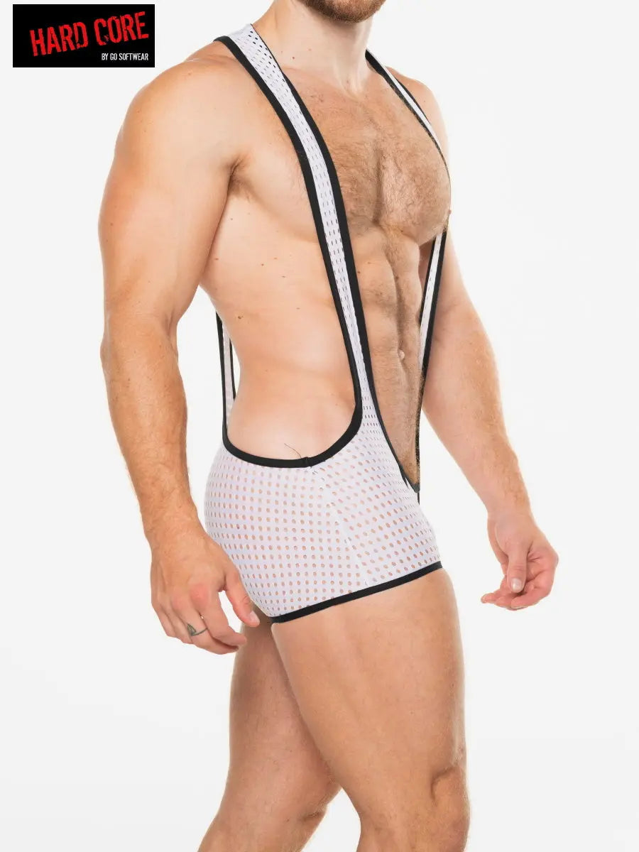 White men's peep scoop singlet with black trim featuring a fitted design and side cutouts worn by a muscular model by Hard Core