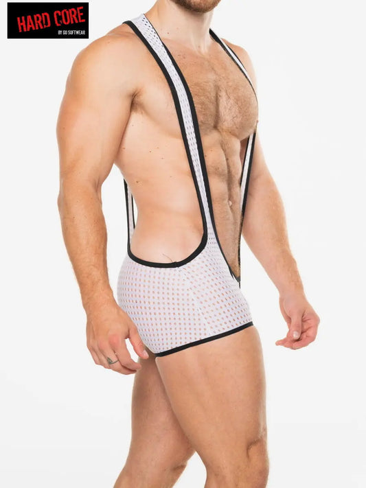 White men's peep scoop singlet with black trim featuring a fitted design and side cutouts worn by a muscular model by Hard Core