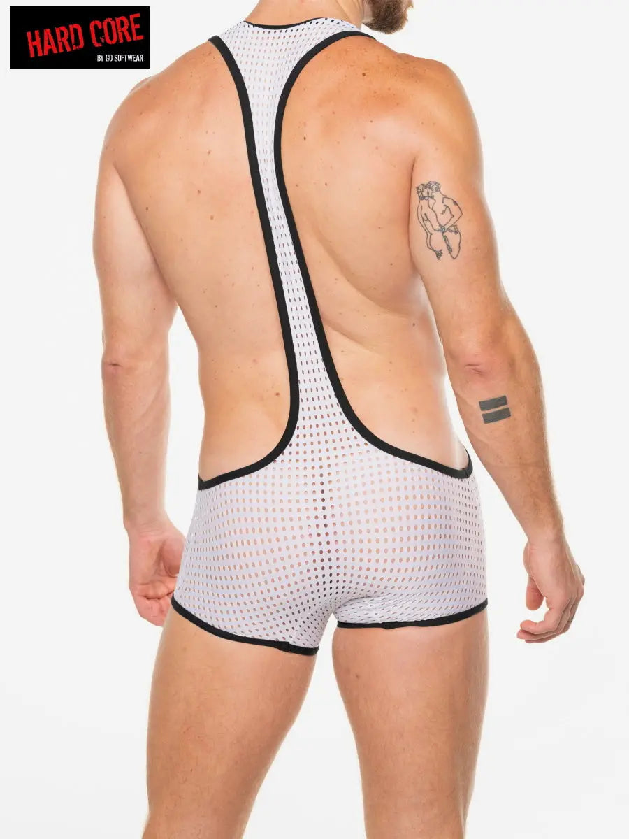 White men's peep scoop singlet with black trim featuring a mesh design and a racerback style worn by a model from the back by Hard Core