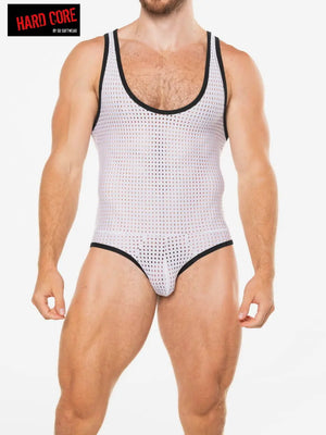 White mesh backless singlet with black trim worn by a muscular male model showcasing a fitted design by Hard Core