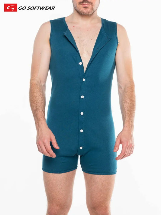 Teal men's onesie by Go Softwear with a button front and open back design featuring sleeveless cut and fitted shorts
