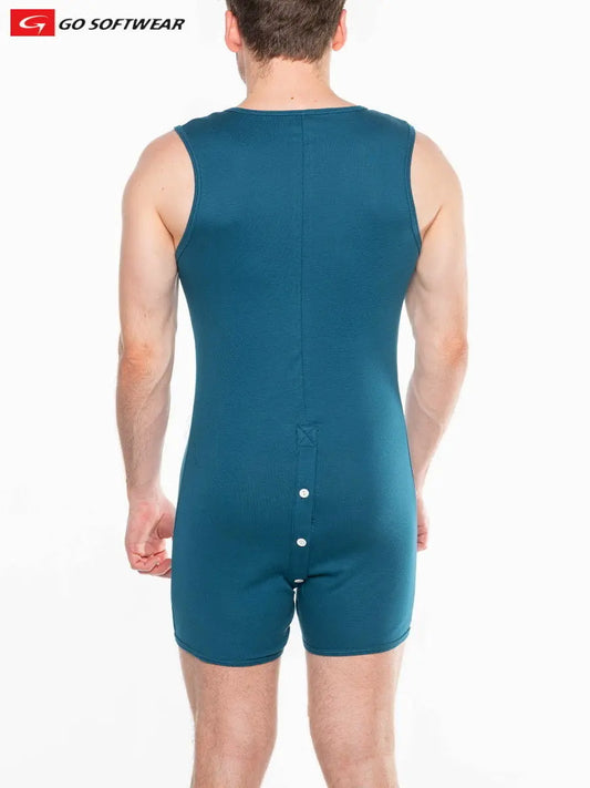 Teal men's onesie by Go Softwear featuring an open back design and snap button closure at the bottom shown from the back