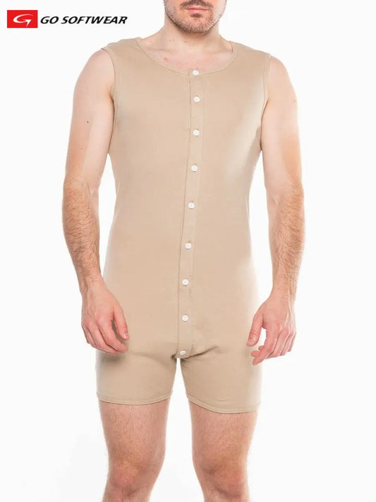 Men's open back onesie in pebble tan featuring a button front and sleeveless design by Go Softwear