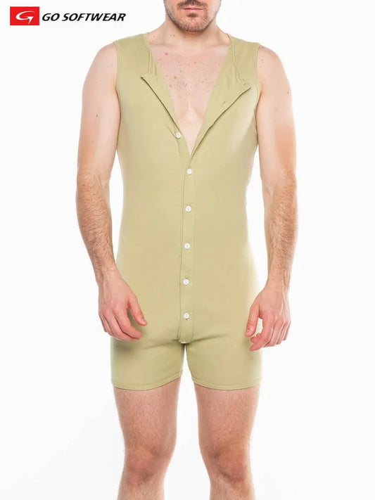 Light sage green men's onesie by Go Softwear featuring a deep V-neck sleeveless design and button closure.