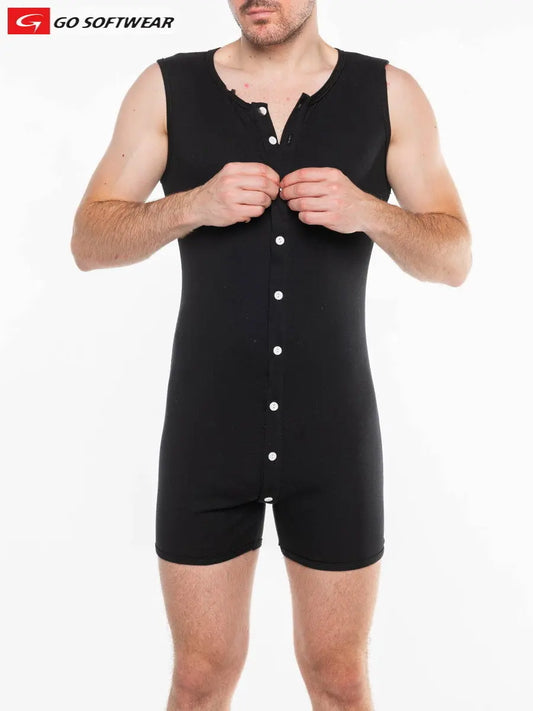 Black sleeveless onesie with button closure made of soft material worn by a model from Go Softwear