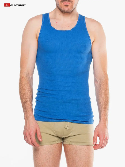 Model wearing a blue ribbed tank top and beige shorts showcasing the Go Softwear brand style and fit
