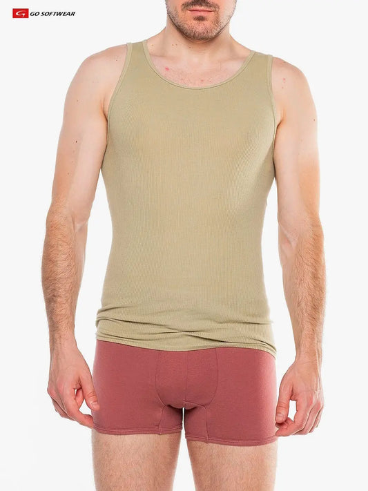 Model wearing a sage green ribbed tank top and maroon boxer briefs by Go Softwear showcasing a fitted style