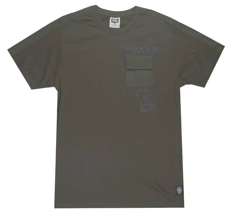 Olive green short-sleeved gtl4 panel t-shirt with chest pocket and subtle faded graphic details