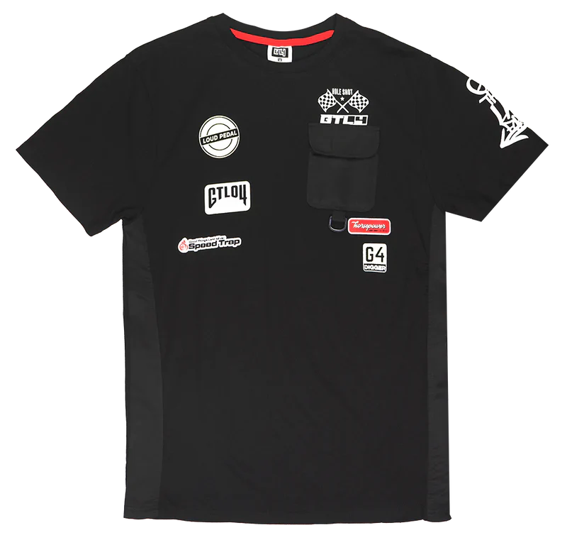 Black short-sleeved cotton GTL4 pocket t-shirt with red collar trim and racing-themed patches on front with chest pocket