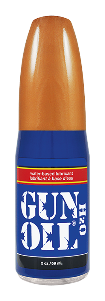 Blue and orange bottle of gun oil h2o 120 water-based lubricant for firearms maintenance and protection