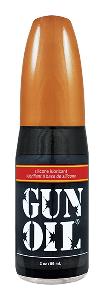 A sleek black bottle of gun oil silicone with a glossy orange cap and bold white label for lubrication use