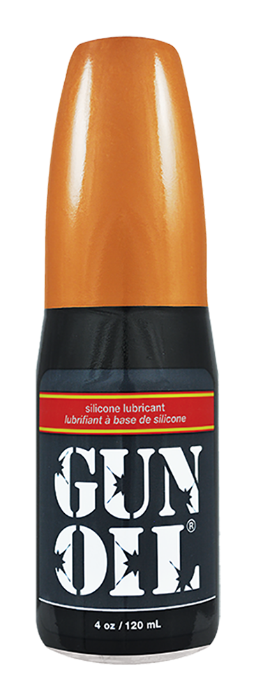 Orange-topped black bottle of gun oil silicone lubricant for firearm maintenance and protection