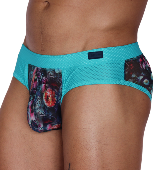 Side view of Gigo Garden Blue brief featuring turquoise mesh fabric and a floral print pouch.