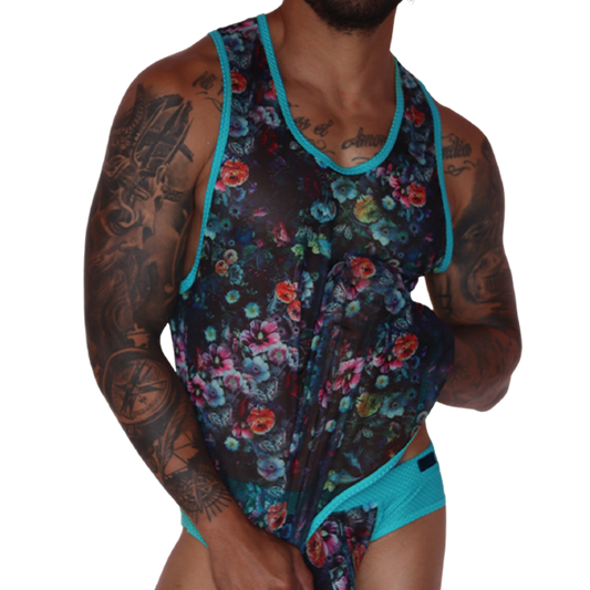Front view: Gigo Garden Blue sheer floral mesh tank top with teal trim worn by a tattooed man.