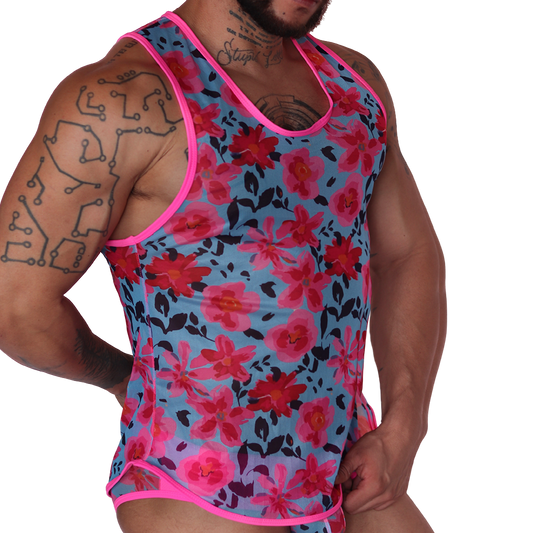 Gigo Garden fuchsia tank top in floral mesh fabric, side view showing semi-sheer blue and pink patterned design.