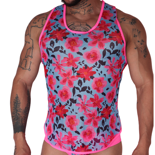 Gigo Garden fuchsia mesh tank, front view. Sheer blue tank with pink floral print and neon pink trim on a muscular man.