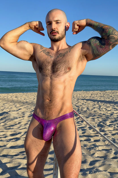 JJ Malibu Men's Metallica Men's Thong with Bulge Pouch - Purple Croc